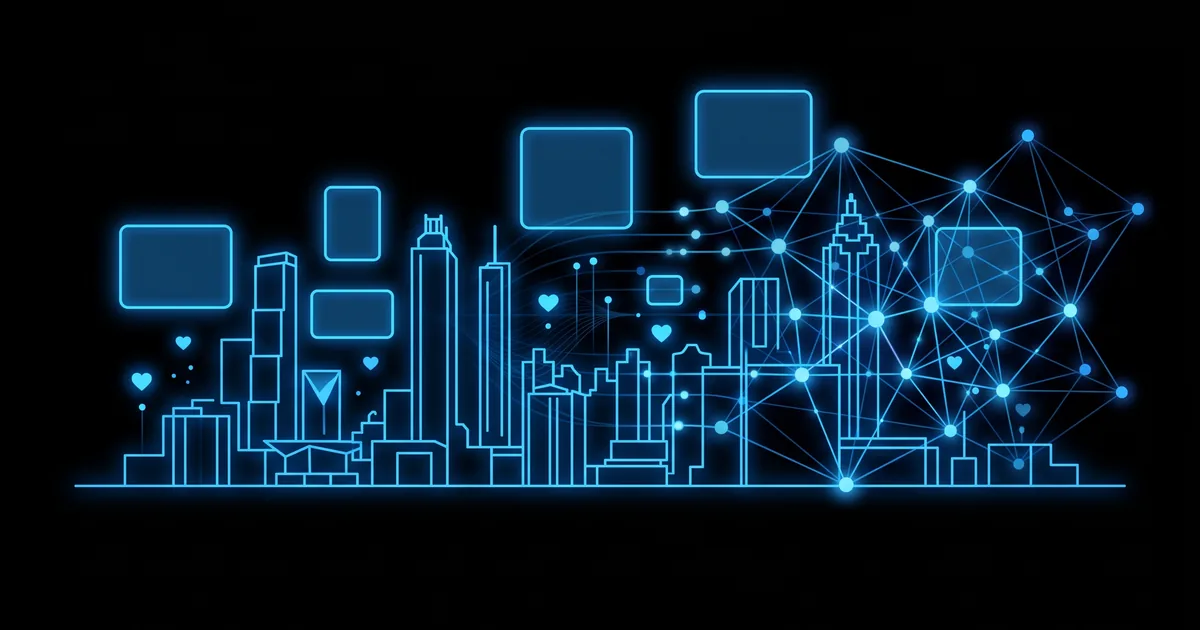 Ilustración del perfil de una ciudad dibujado con luz azul y tarjetas de publicaciones de redes sociales flotando encima
