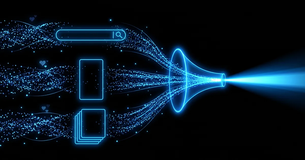 Illustration of three streams of light, from search, video and social feeds, converging into a single funnel