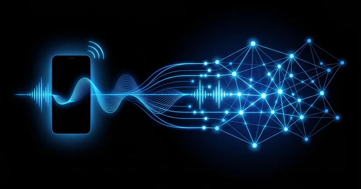 Ilustración de una llamada telefónica que se convierte en ondas de sonido azules conectadas a una red de inteligencia artificial